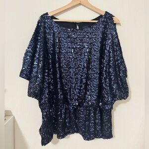 Xscape Black & Blue Sequin Batwing Top - Size 18